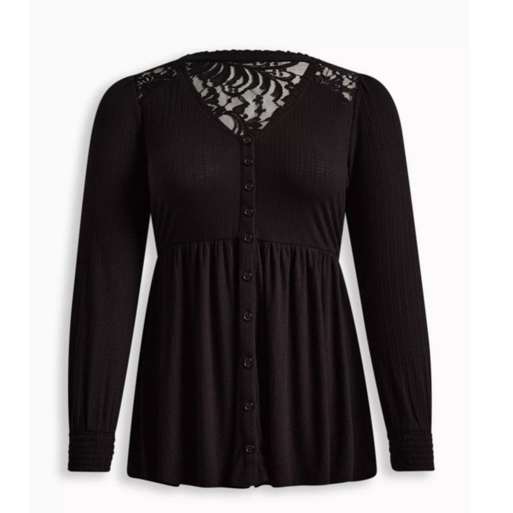 Babydoll Knit V-Neck Button-Front Lace Inset Peasant Sleeve Top Womens 4X